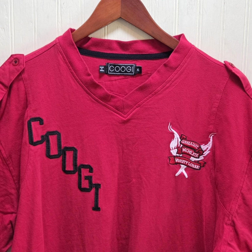 COOGI Shirt Mens XL Red Varsity League Embroidered V-Neck Graphic Tee Jersey